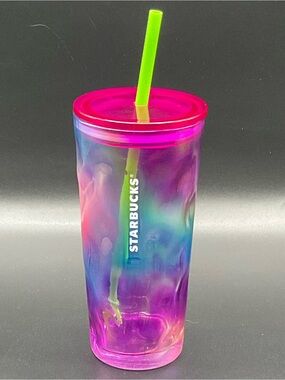 Starbucks 2024 Retired 16 oz Rainbow Glass Tumbler Pink Lid Green Straw tie dye